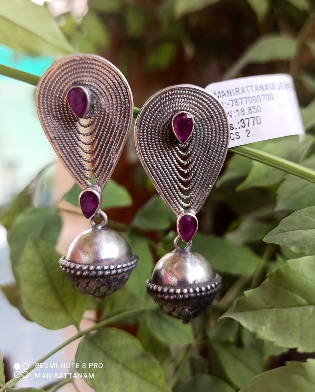 Oxidized Silver Jhumka Earrings with Ruby Accent