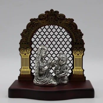 Pure Silver Mother–Child Idol with Ornate Arch Frame