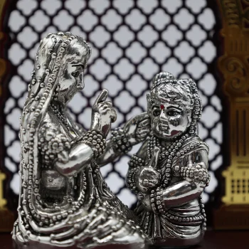 Pure Silver Mother–Child Idol with Ornate Arch Frame