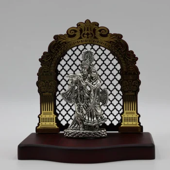 Pure Silver Radha–Krishna Idol with Ornate Arch Frame