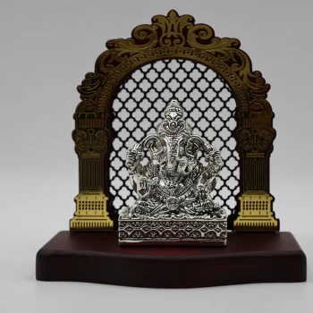 Pure Silver Seated Lord Ganesh Idol with Ornate Arch Frame