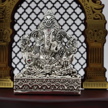 Pure Silver Seated Lord Ganesh Idol with Ornate Arch Frame